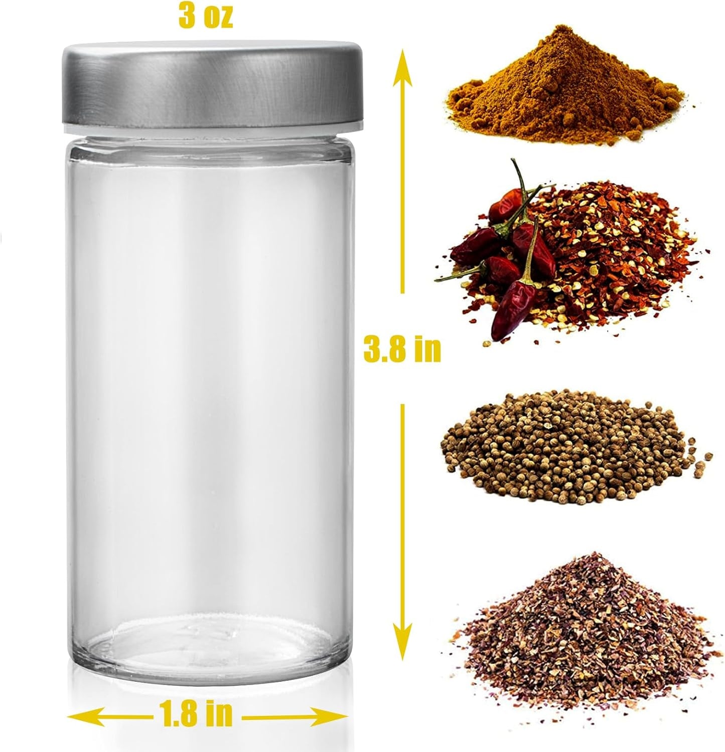 6 Pcs Glass Spice Jars/Bottles for Rotating Spice Rack-3oz Empty round Spice Containers with Airtight Metal Caps with Shaker Lids (6, Stainless Steel Lids)