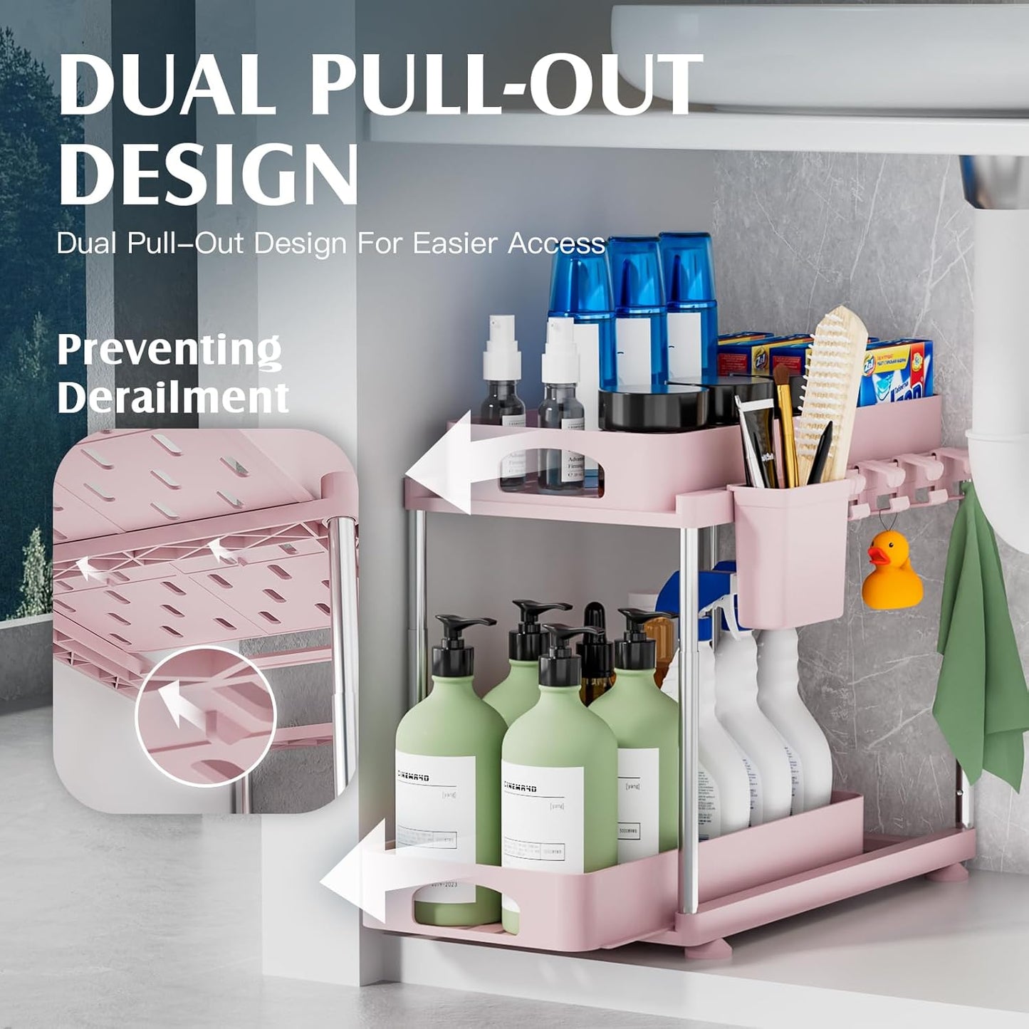 Under Sink Organizer, 2 Pack Kitchen and Bathroom Cabinet Organizer, 2 Tier Adjustable Height Storage, Pink