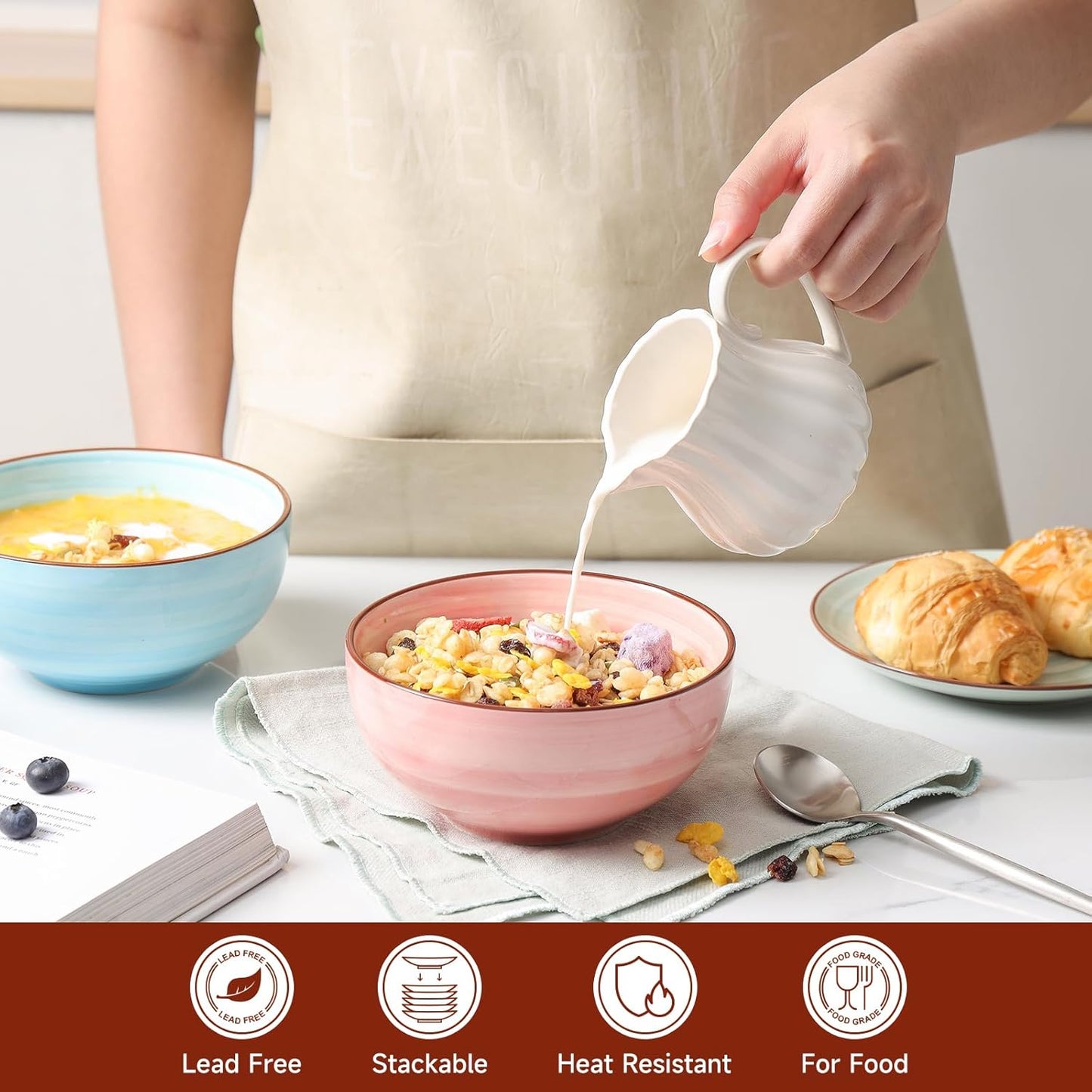 KitchenTour 24 OZ Cereal Bowls Set of 6, Ceramic Soup Bowls for Kitchen, 5.9 Inch Colorful Serving Bowls for Oatmeal, Salad, Pasta, Dessert - Microwave & Dishwasher Safe, Assorted Warm Colors