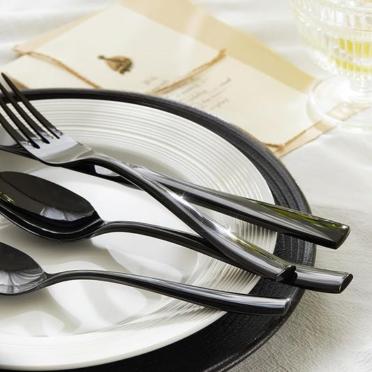 HIKAA Forged Silverware Set Stainless Steel Flatware Set,Service for 4,Matte Satin Polished Cutlery Set,Dishwasher Safe (Black, 40PCS)