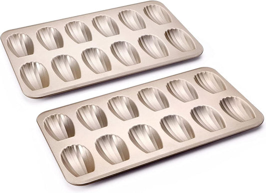 HONGBAKE Nonstick Madeleine Pan 2 Pack 12-Cavity Heavy Duty Madeleine Cookies Trays for Oven Baking, Warp Resistant Shell Shape Madeleine Mold Cake Pan, Champagne Gold
