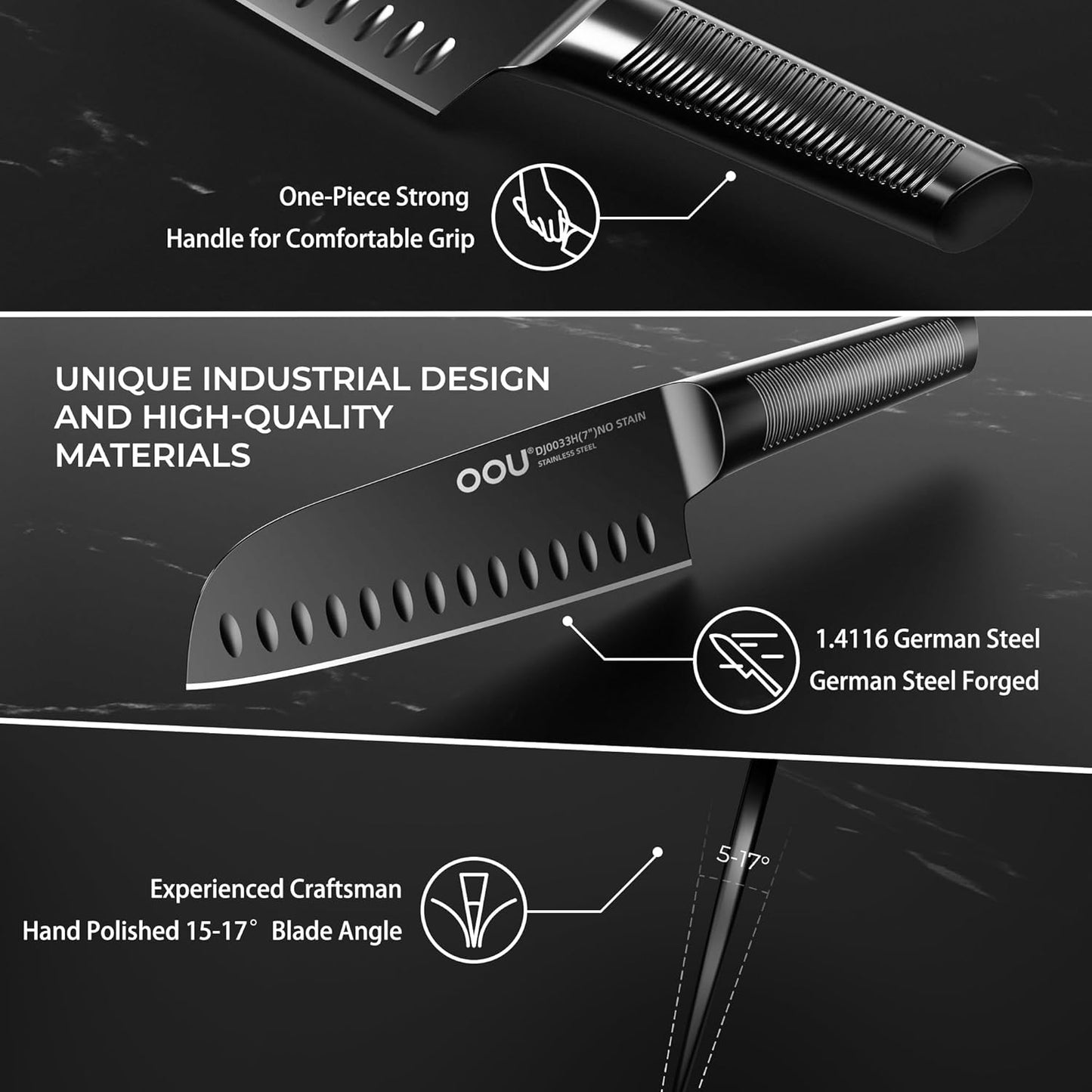 OOU Kitchen Knife Set - 15 Pcs High Carbon Stainless Steel Chef Knife Sets, Dishwasher Safe Black Knives Block Set With Built in Sharpener, Gifts for Men Women