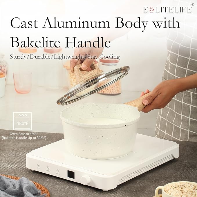 ESLITE LIFE Nonstick Sauce Pan with Lid, 1.5 QT Small Soup Pot Compatible with All Stovetops (Gas, Electric & Induction), PFOA Free, White