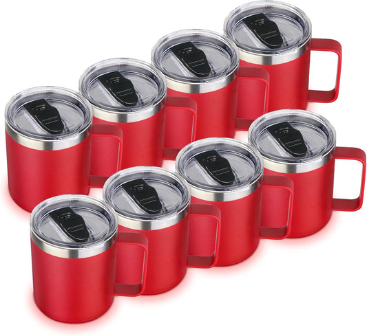 Volhoply 14oz Insulated Stainless Steel Coffee Mug with Lid Bulk 8 Pack,Double Wall Vacuum Travel Coffee Cup with Handle,Reusable Metal Cups Tumbler,Camping Mugs Keep Hot,Ideal Gifts(Red,8)