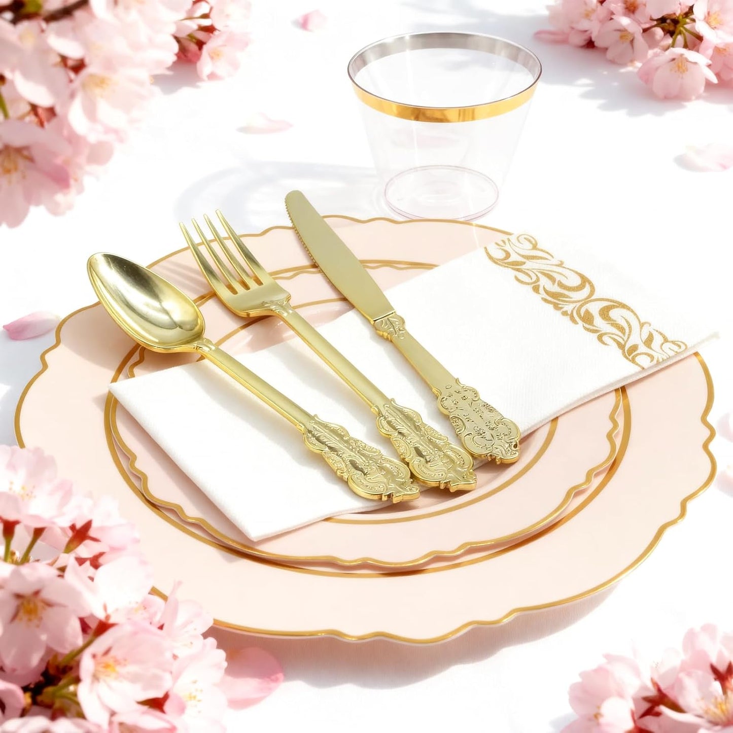 AIRE 350PCS Pink Gold Plastic Plates for Party, Dinnerware Sets for 50 Guests, Disposable Plastic Party Supplies Plates Cups Spoons Forks Knives Napkins for Wedding Birthday Baby Shower BBQ Parties
