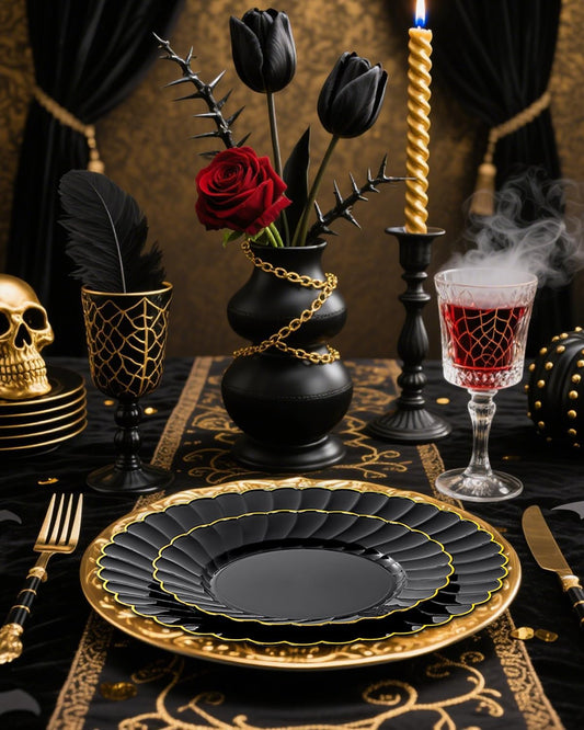 Ciaell 175 PCS Black Scalloped Plastic Plates with Gold Trim - Black Plastic Silverware with Handle - Fancy High-End Dinnerware Sets for Wedding & Showers & Party & Halloween (25 Guests)