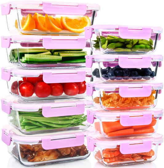 UMEIED 10 Pack Glass Food Storage Containers with Lids, Leakproof Airtight Glass Meal Prep Containers For Lunch, On The Go, Leftover, Dishwasher Safe