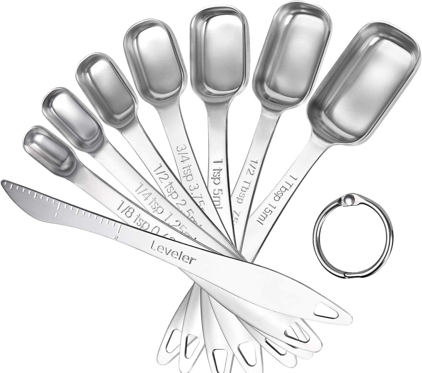 U-Taste Narrow Square Measuring Spoons: 18/8 Stainless Steel Kitchen Measure Teaspoon Tablespoon with Leveler, Polygon Rectangular Metal Jar Scoop for Baking Cooking, Coffee, Spice, Powder (Set of 8)