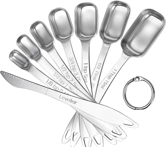 U-Taste Narrow Square Measuring Spoons: 18/8 Stainless Steel Kitchen Measure Teaspoon Tablespoon with Leveler, Polygon Rectangular Metal Jar Scoop for Baking Cooking, Coffee, Spice, Powder (Set of 8)