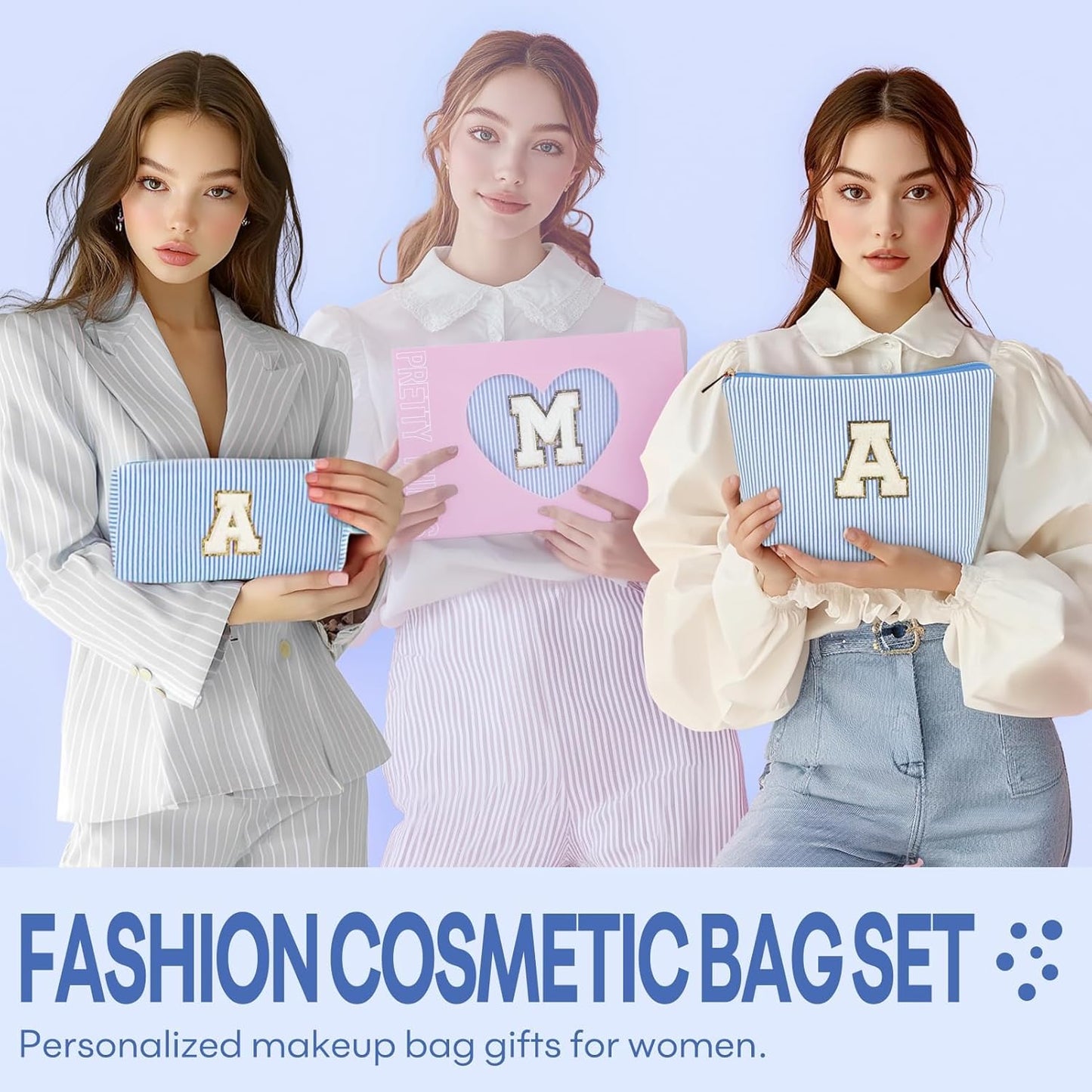 2 PCS Initial Makeup Bags for Women: Cosmetic Bag for Travel Toiletry - Birthday Gifts for 11 12 13 14 15 16 17 18 Years Old Girl Graduation Teacher Gift- Teen Girl Gifts Trendy Stuff - Blue A
