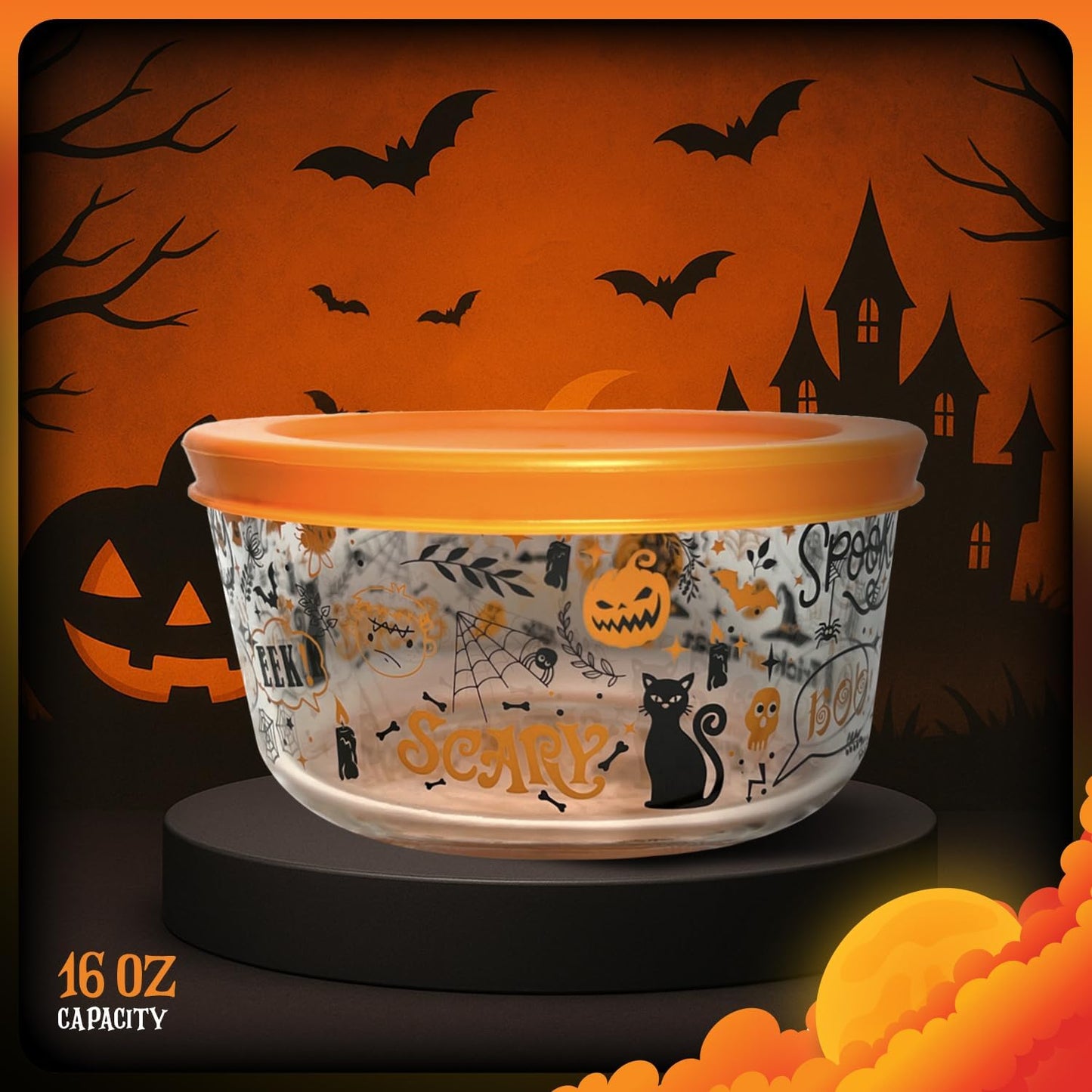 DURA LIVING Halloween Glass Food Storage Containers with Lids | Set of 4 (2 Containers + 2 Lids) 4-Cup | Spooky Design, BPA-Free, Microwave & Dishwasher Safe|Perfect for Meal Prep, Snacks & Leftovers