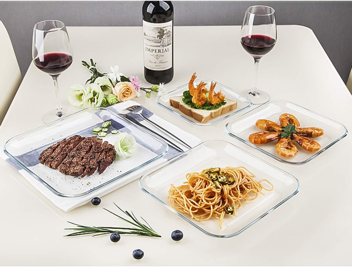 FOYO Oven Basics Glass Plate Set, Square Tempered Glass Serving Plates Pie Plate Salad Plates - 10" Diameter(Set of 2)