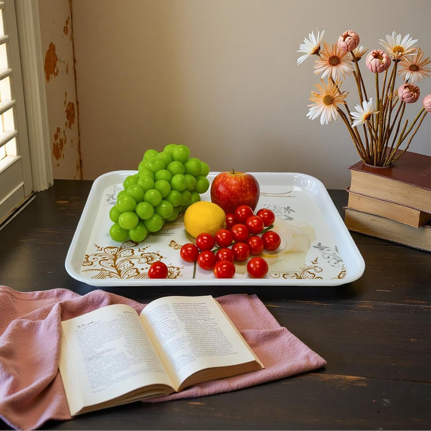 Large Serving Platter Melamine Trays 2 Pack Stackable Food Tray with Floral Print for Gift, Party, Decor, Home, Restaurant (Gold Rose, Medium)