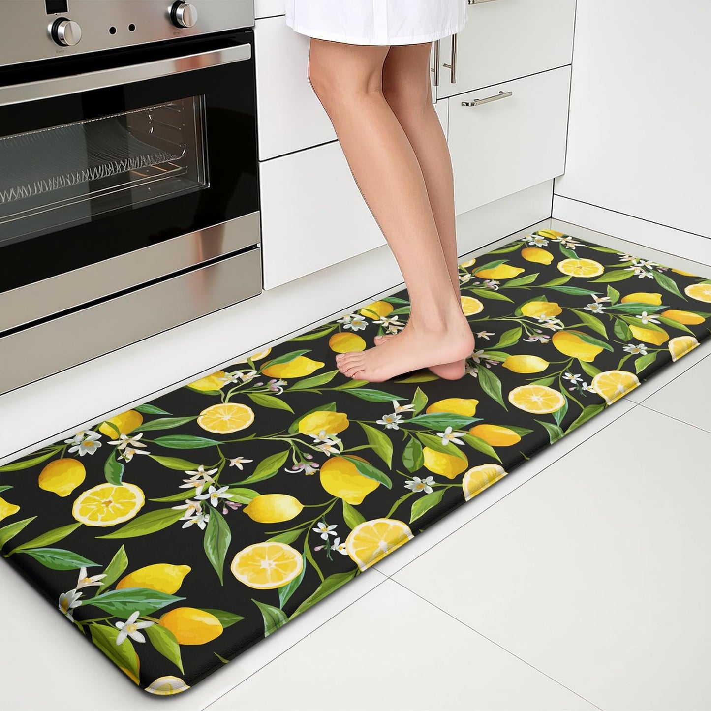 Lemon Kitchen Mats for Floor - Anti Fatigue Mats for Kitchen Floor, Cushioned Non-Skid Washable Memory Foam Rug for Office, Sink, Laundry (17.3"×47"×0.47") Black