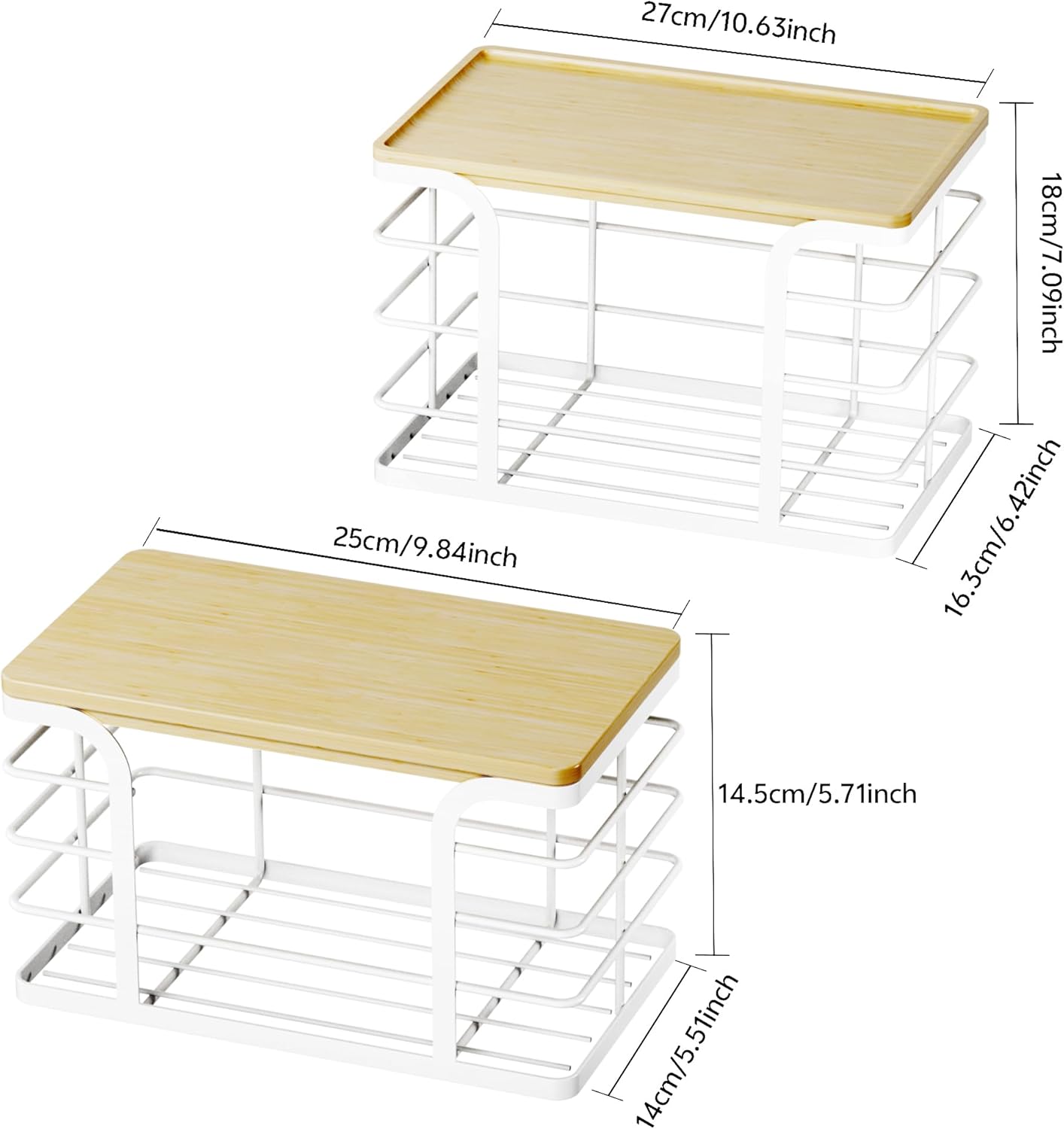 2 Pack Stackable Storage Kitchen Laundry Pantry Organizers,Trash Bag Holder Wall Mount,Garbage Bag Dispenser with Bamboo Top,White Large and Small