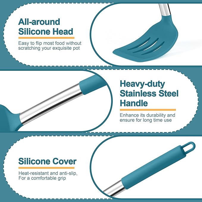 P&P CHEF Blue Kitchen Cooking Utensil Set of 4, Silicone Solid Spatulas Slotted Spoons Turners for Non-stick Cookware Flipping Mixing, Heat-proof