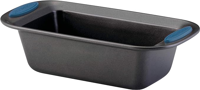 Rachael Ray Yum-o! Bakeware Oven Lovin' Nonstick Loaf Pan, 9-Inch by 5-Inch Steel Pan, Gray with Marine Blue Handles