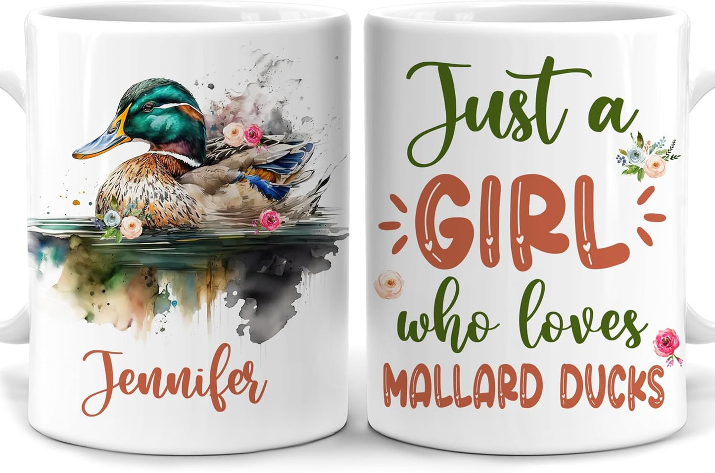 Hyturtle Personalized Gifts Mallard Duck Lover - Just A Girl Who Loves Mallard Ducks Custom Name Ceramic Coffee Mug Cup 11oz - Idea Cute Animal Lover Gifts For Women, Girl On Birthday, Christmas