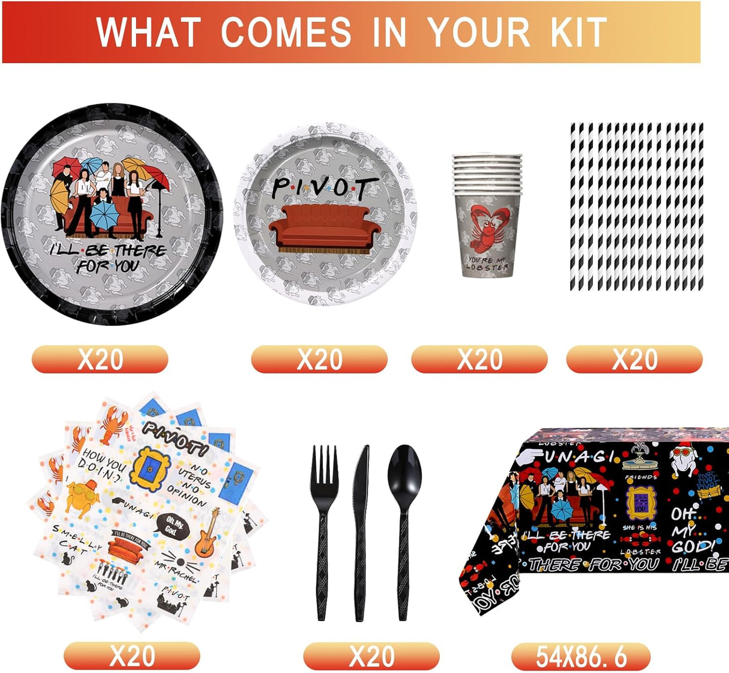 161CT iFriends Party Supplies Disposable iFriends Dinner Plates Cups Straw Napkins Spoon Fork knives Tablecloth, iFriends Birthday Party Decorations and Party Tableware Serves 20 Guests, Black