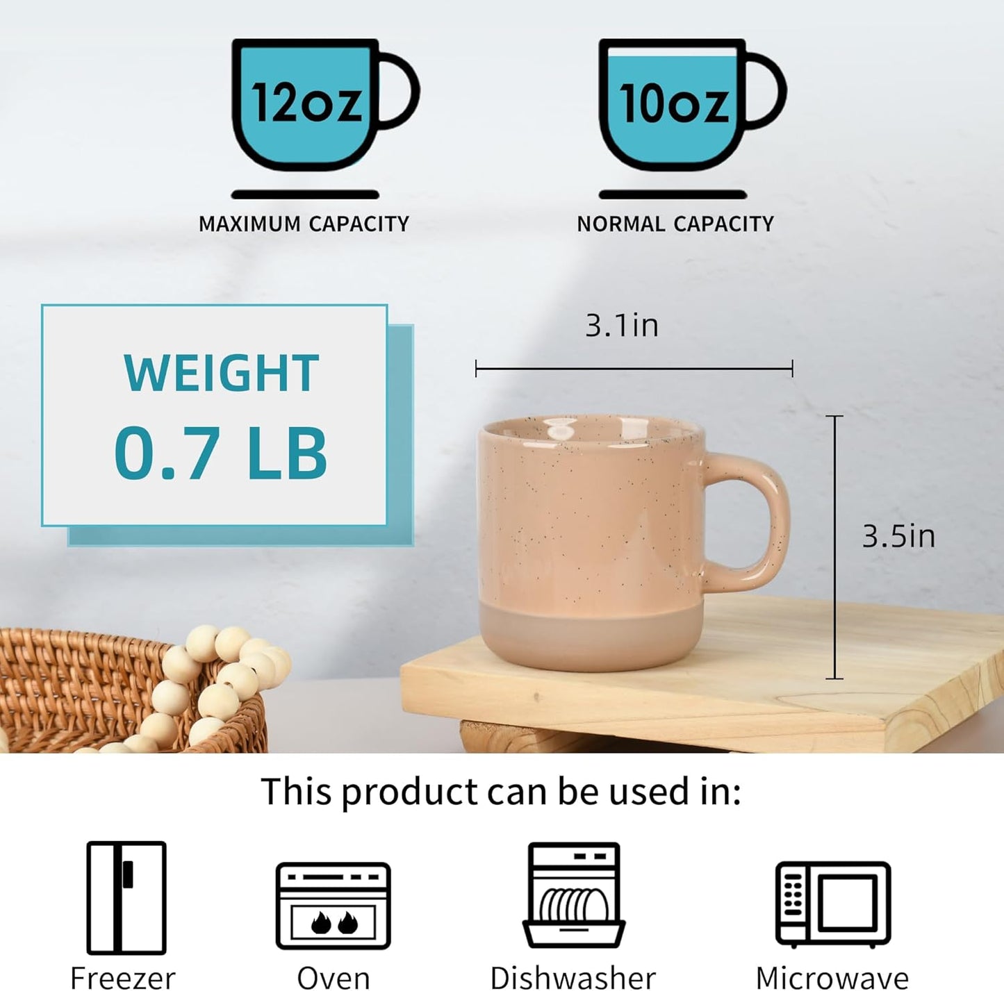 12oz Coffee Mug Set for 6, Tea Cups with Handle for Coffee, Tea, Cocoa, Milk (Cinnamon)