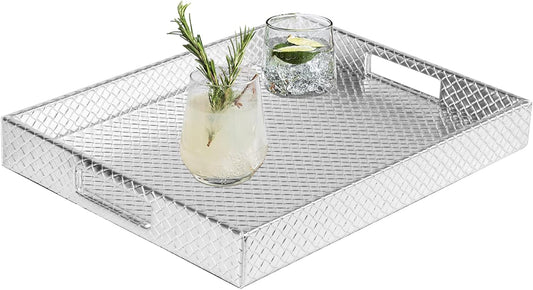 HofferRuffer Rectangle Serving Tray with Hole Handles for Coffee Table, Breakfast, Tea, Food, Butler - Countertop, Kitchen, Vanity Serve Tray, 16.2 x 12.2 x 2 inches, Faux Leather (Silver)
