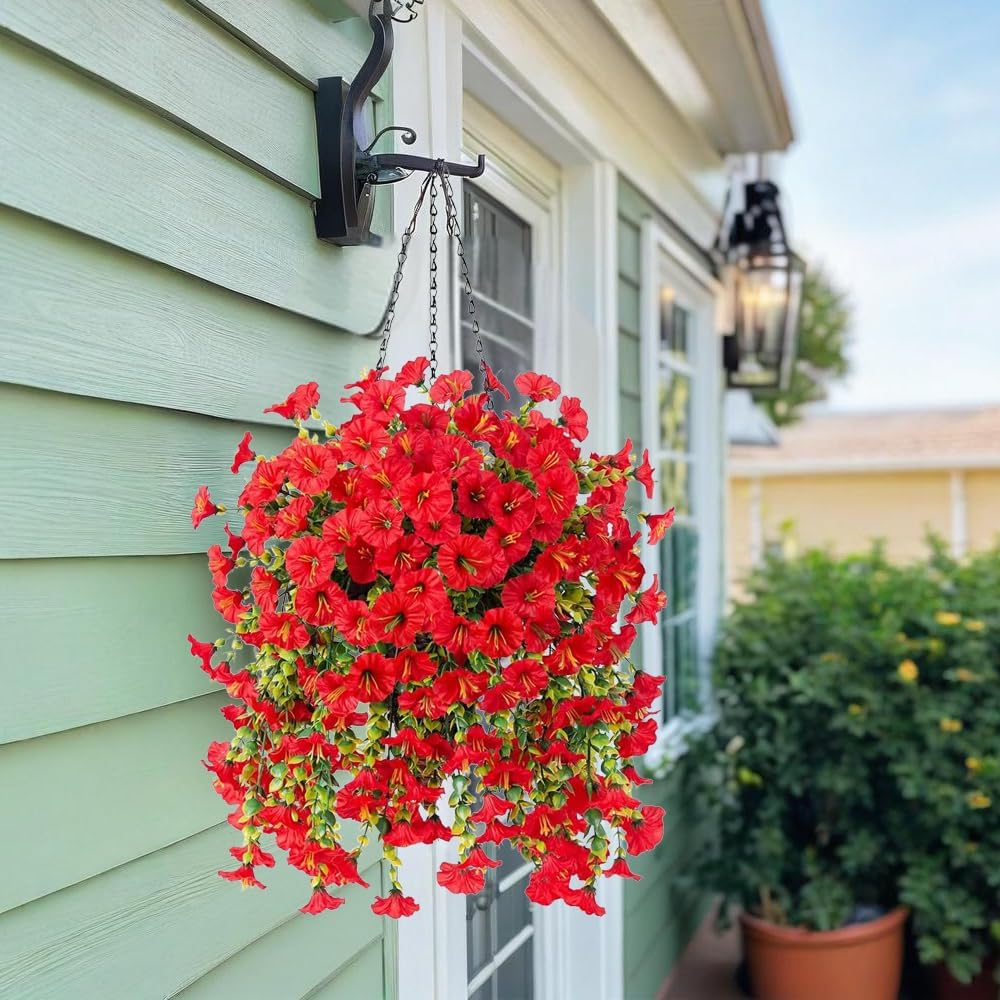 Jasion 4 Bundles Artificial Hanging Flowers Outdoor Realistic Morning Glory Silk Fake Plants UV Resistant for Porch Balcony Fence Decor (Red)