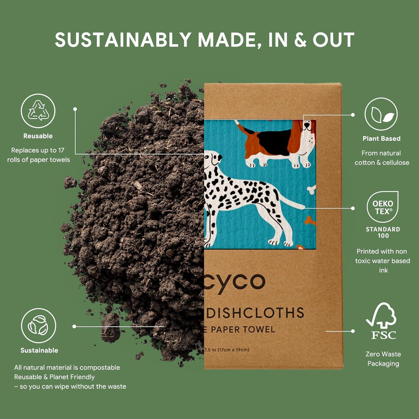 RECYCO Swedish Dishcloths for Kitchen | 6 Pack Doggy Daydreams Washable Dish Rags | Cellulose Reusable Cleaning Paper Towels | Absorbent Counter Dish Cloth Sponge Kitchen Wipes, 8" L x 7" W