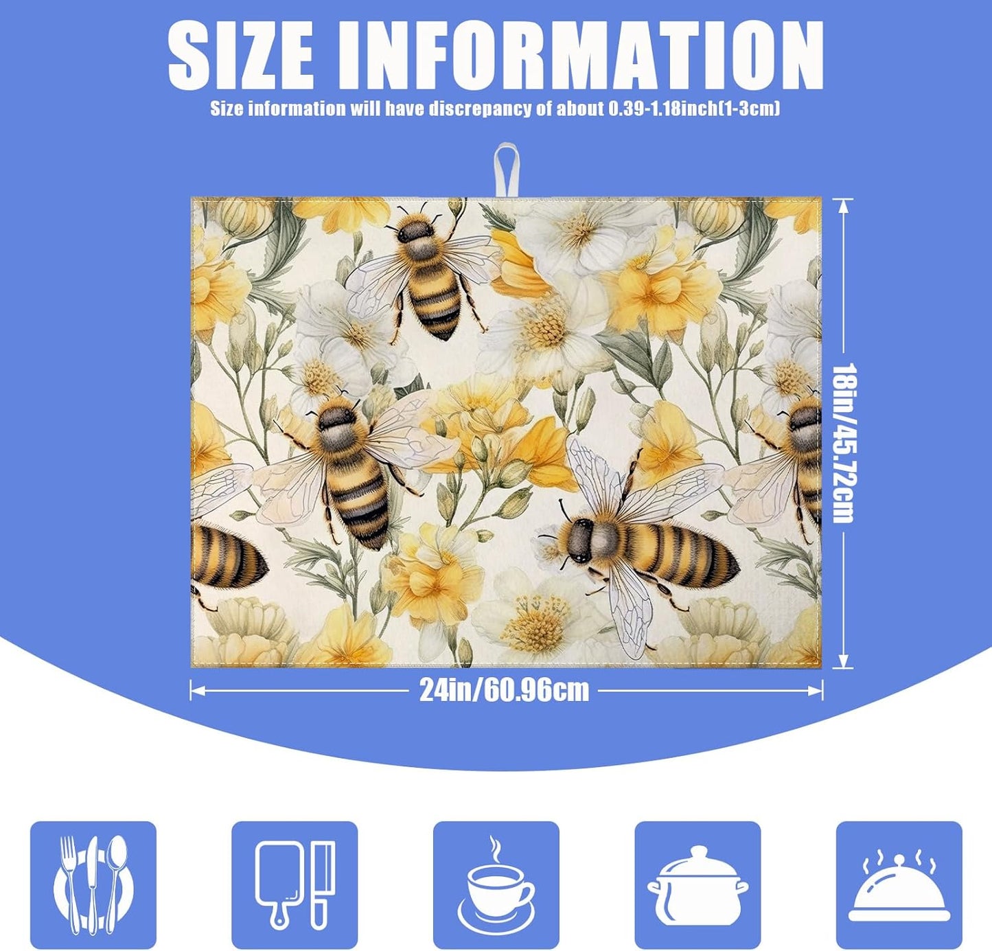 Watercolor Bee Floral Dish Drying Mat for Kitchen Counter Drying Pad Absorbent Reversible Dish Drainer Rack Mats Draining Pad 18"x24"Inch