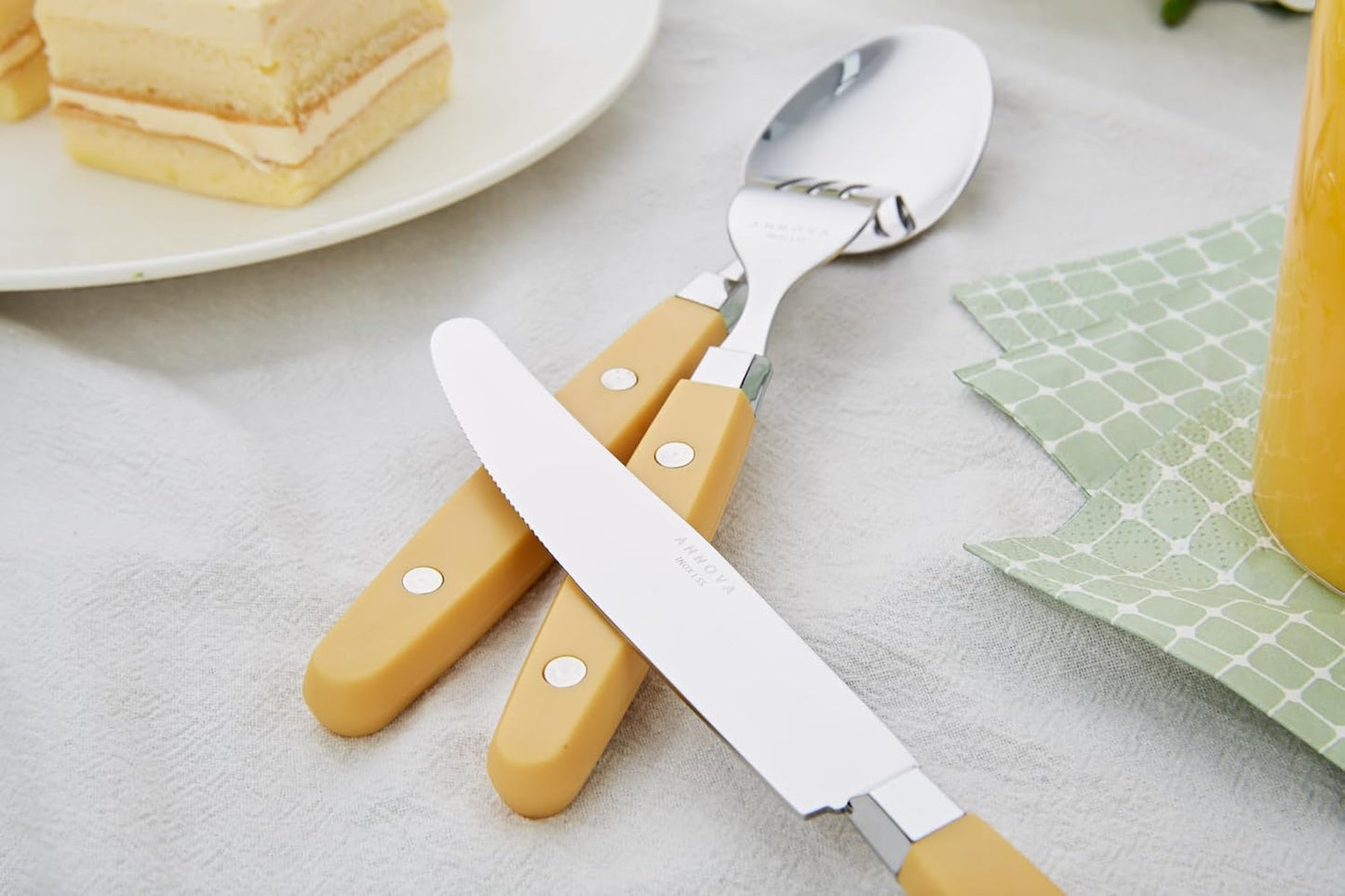 ANNOVA Silverware Set, Retro/Rivet Colorful Stainless Steel Tableware Kitchen Flatware Set Utensils, Includes Dinner Knives, Forks, Spoons, Salad Forks & Dessert Spoons (Ginger Yellow, 20 Pieces)