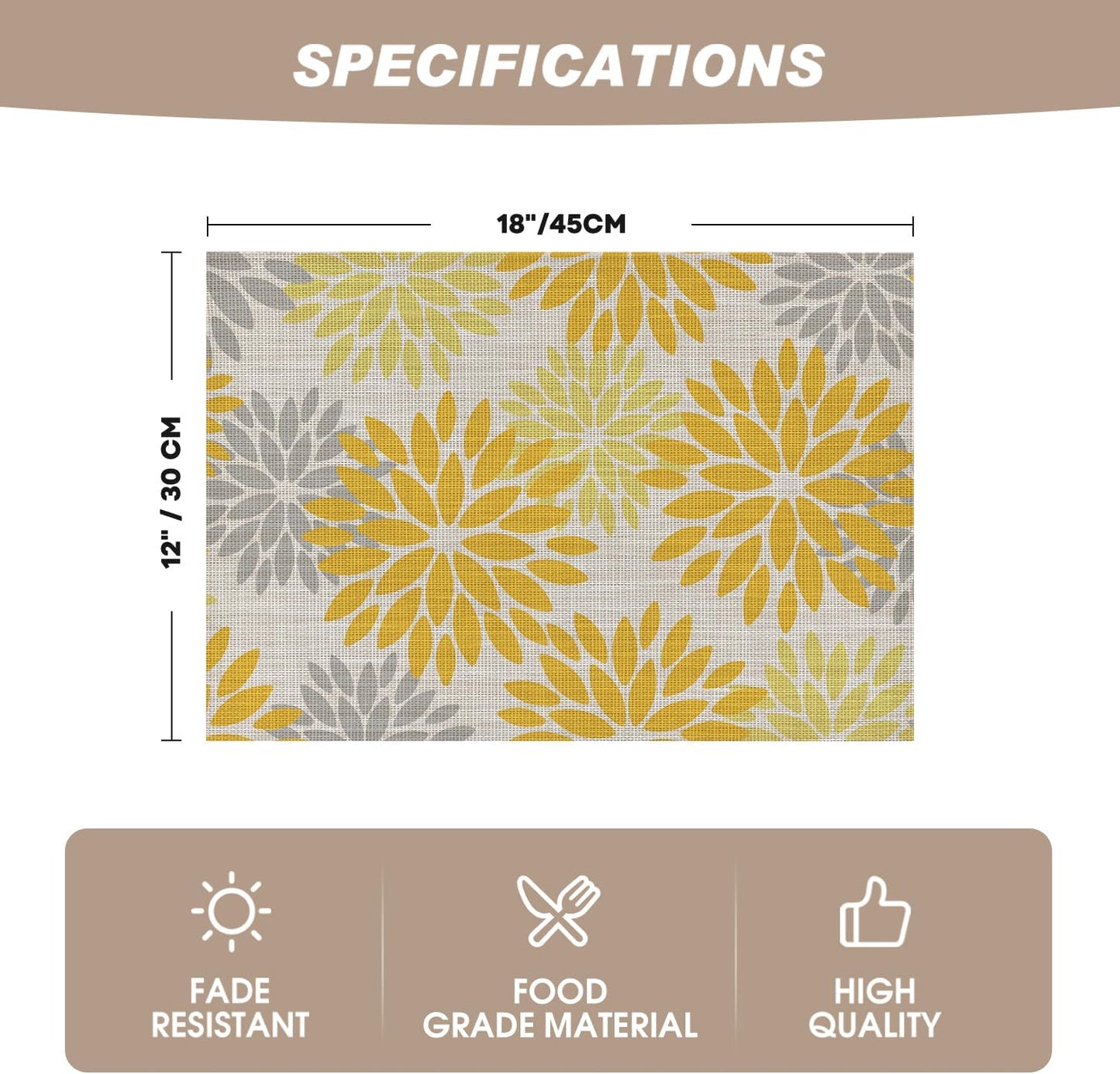 Artoid Mode Floral Plastic Placemats Set of 6, 12x18 Inch Washable Non-Slip Plastic Vinyl Place Mats for Party Kitchen Dining Decor, Yellow