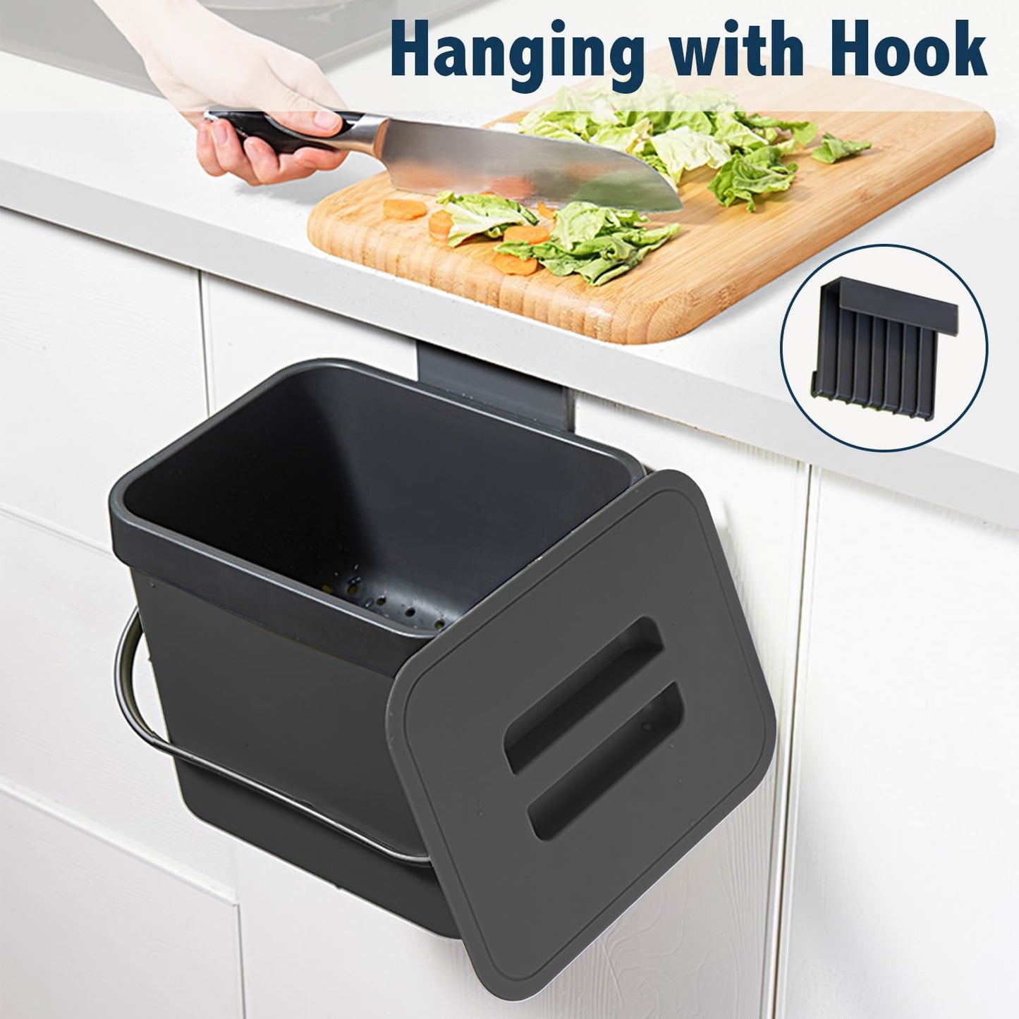 Kitchen Compost Bin, LALASTAR Food Waste Bin for Kitchen, Food Scrap Pail Bucket with Colander, Hanging Trash Can, 1.8 Gallons, Black