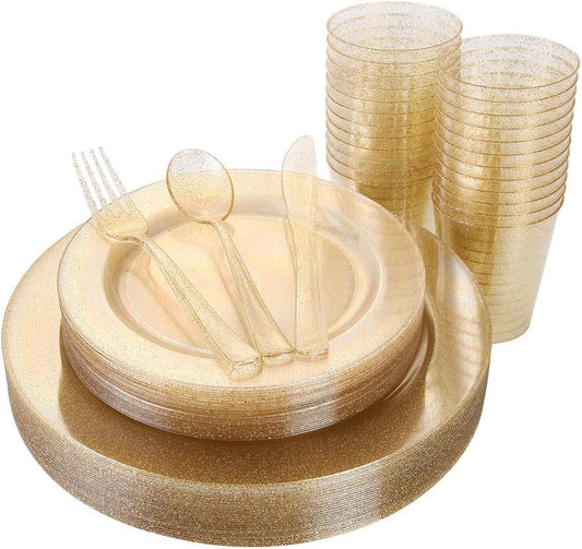 I00000 150PCS Gold Disposable Plates Silverware, Gold Glitter Dinnerware Set Include 25 Dinner Plates 10.25’’, 25 Dessert Plates 7.5’’, 25 cups 10 OZ, 25 Forks, 25 Knives, 25 Spoons for Wedding,Party