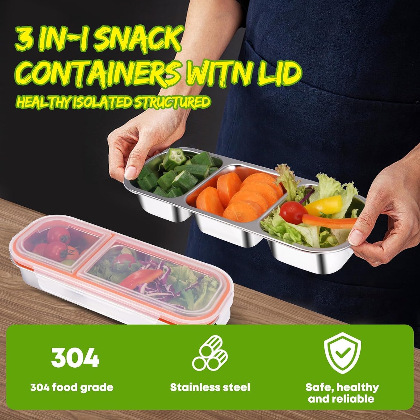 2 Pack Stainless Steel Snack Containers with Lids - Reusable 3 Compartment Snackle Box Container Divide Wet Dry Leakproof Metal Food Storage Containers for School, Home, Travel (Yellow + Orange)