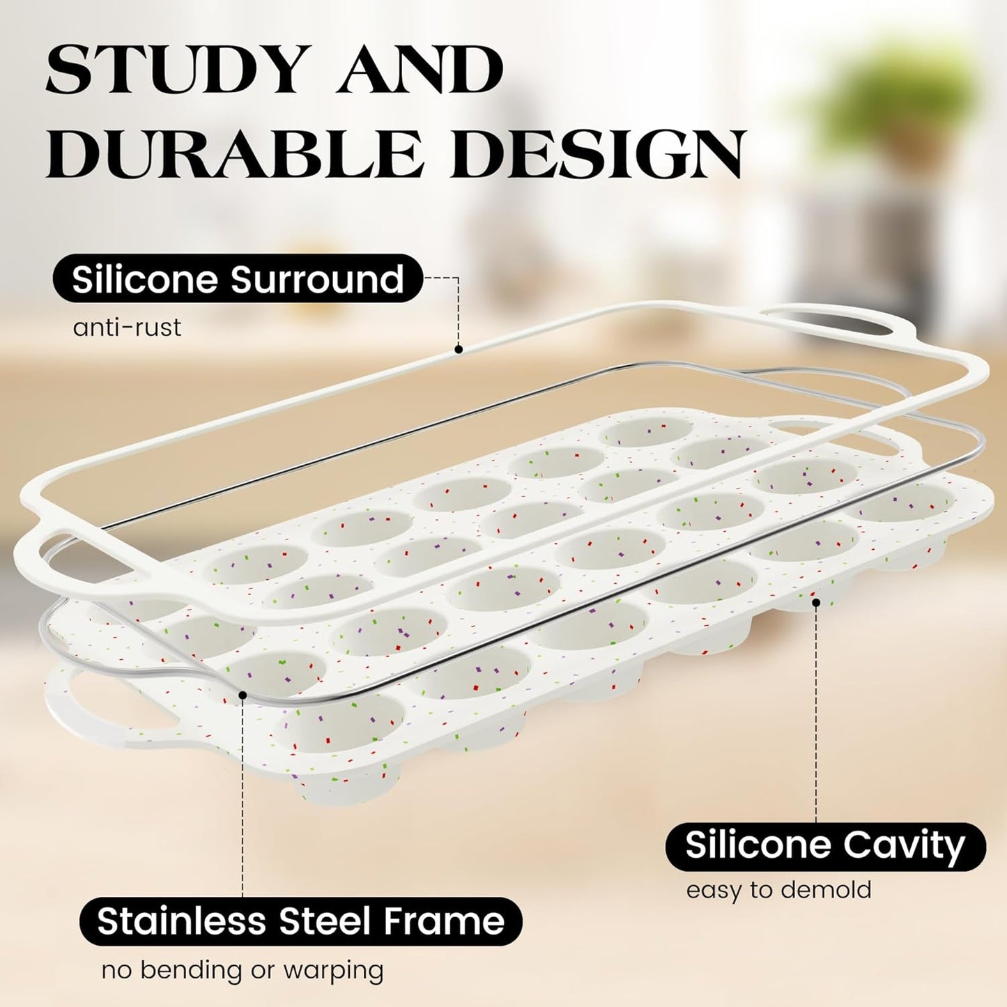 2 Pcs Mini Muffin Pans with Metal Reinforced Frame, 24 Cups Nonstick Silicone Cupcake Tray for Baking, Food Grade Small Muffin Molds with Handles (Cream)