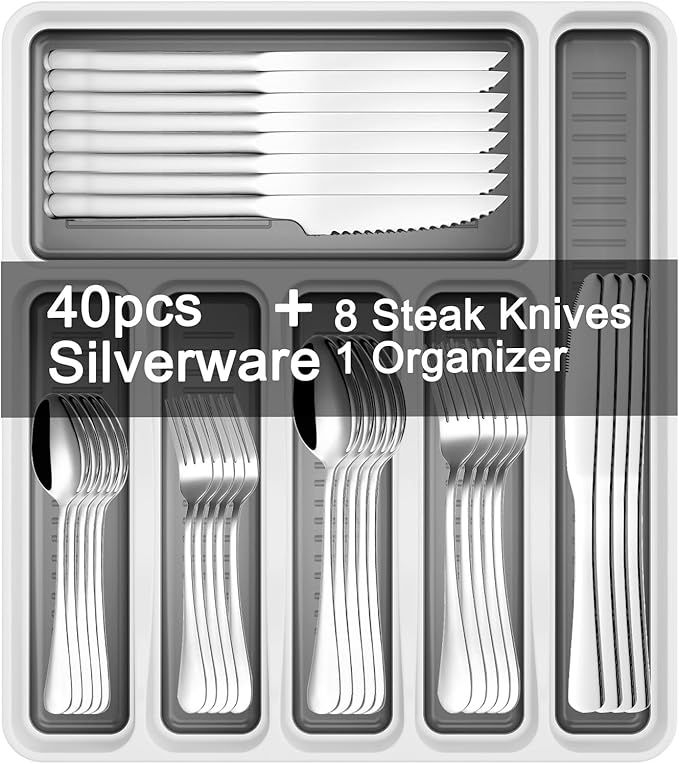 49-Piece Stainless Steel Silverware Set with Cutlery Organizer, Service for 8 with Steak Knives and Kitchen Utensils (49PCS Silverware with Tray)
