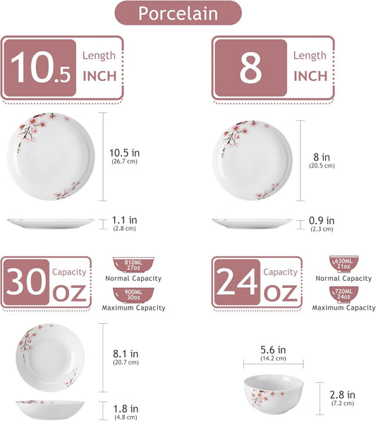 VEWEET Dinnerware Sets for 6, 24 Pieces Porcelain Plates and Bowls Set with Pink Floral, Classic Dishes Set Dining Ware for Dinner, Microwave Dishwasher Safe, Series ANNIE