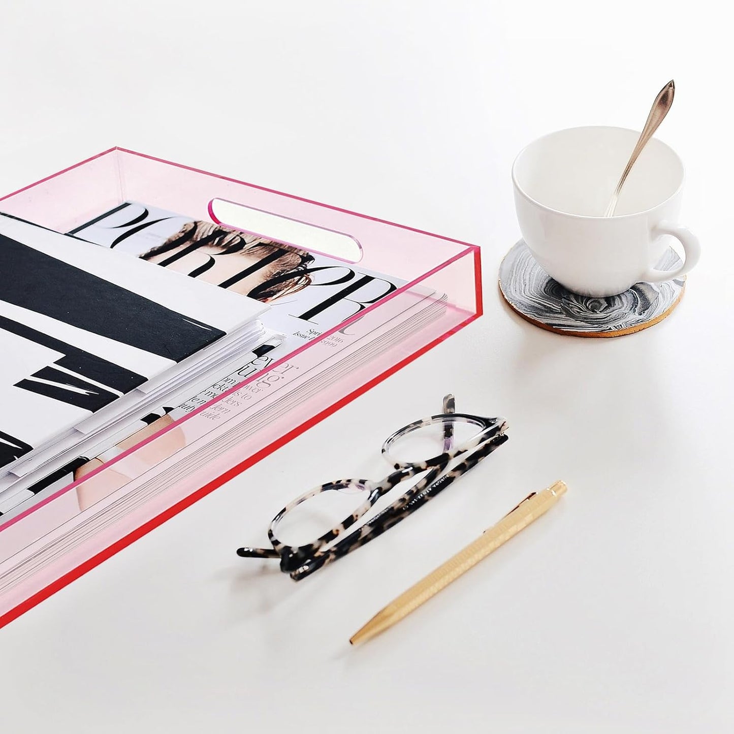 SetGame Pink Acrylic Serving Tray with Handles, Pink Decorative Storage Arylic Trays, Simple Large Serving Tray Food Tea Fruit Dinner Snack Tray for Bar Kitchen Party, Bathroom Tray, 16X12 Inch