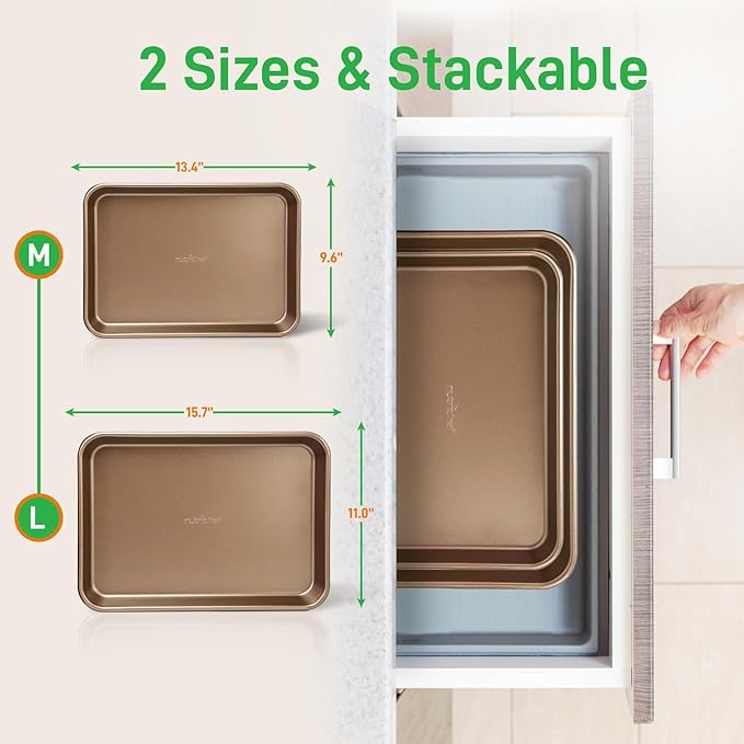 NutriChef 2-Piece Nonstick Stackable Cookie Sheet Set – Non-Toxic Carbon Steel Baking Pans – Heavy Duty, Warp-Resistant, Easy to Clean, Oven & Dishwasher Safe Bakeware