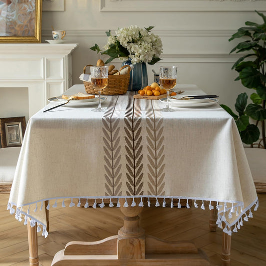 Oubonun Cotton Linen Rectangular Tablecloth - Wrinkle Resistant & Waterproof - Machine Washable Table Cloth with Tassels for Kitchen & Dining, 55''x102'', 8-10 Seats