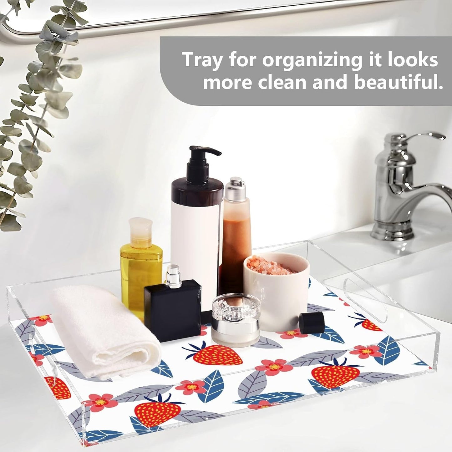 Acrylic Serving Tray with Handles Spill Proof Kitchen Storage Tray Clear Decorative Tray Makeup Drawer Organizer Storage Tray for Bathroom Living Room Ottoman 15.7x11.8Inches