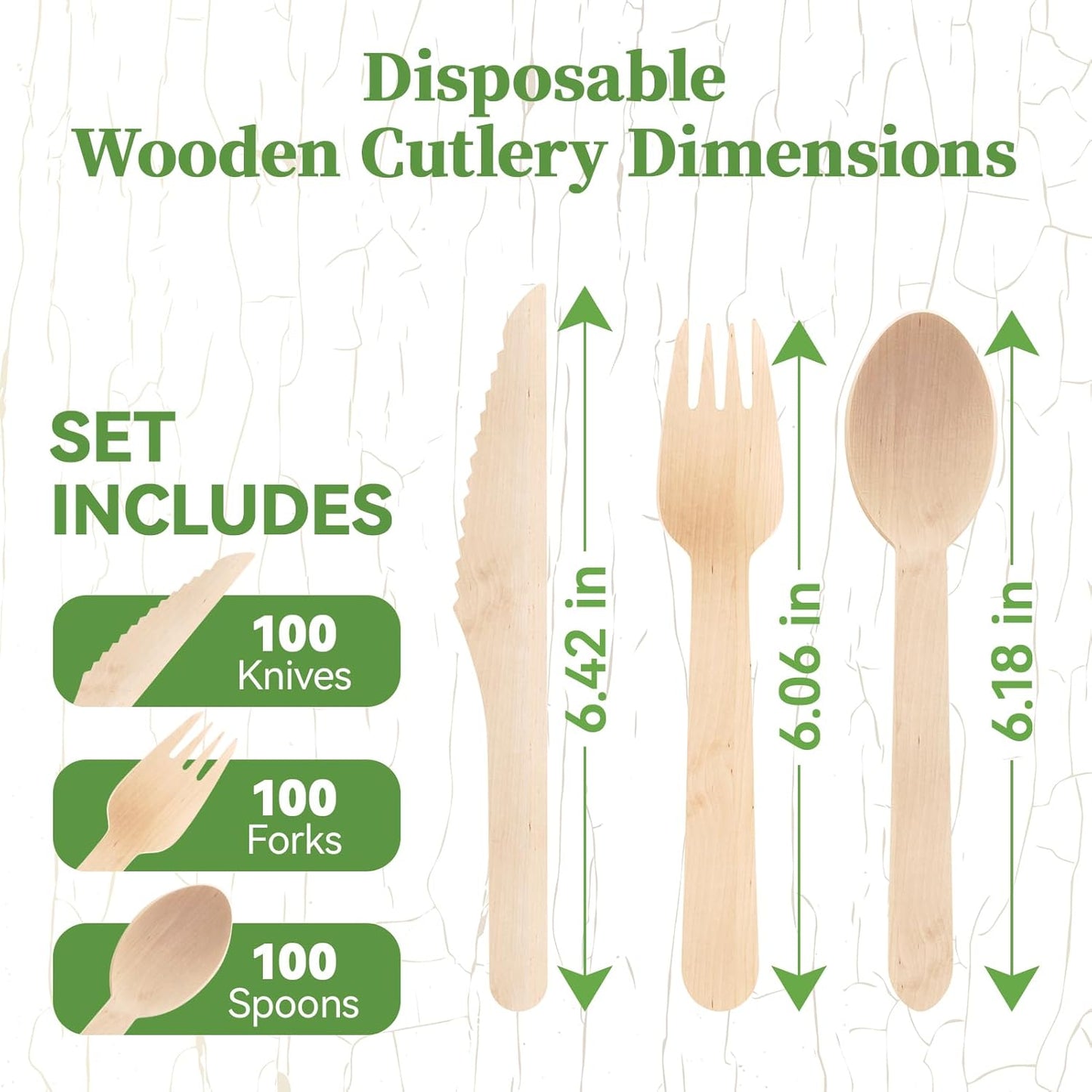 ECOLipak 300 Count Disposable Wooden Cutlery Set, 100 Knives, Forks and Spoons each, Splinter-Free Compostable Wooden Disposable Utensils for Party, Camping, Traveling, Family Dinners