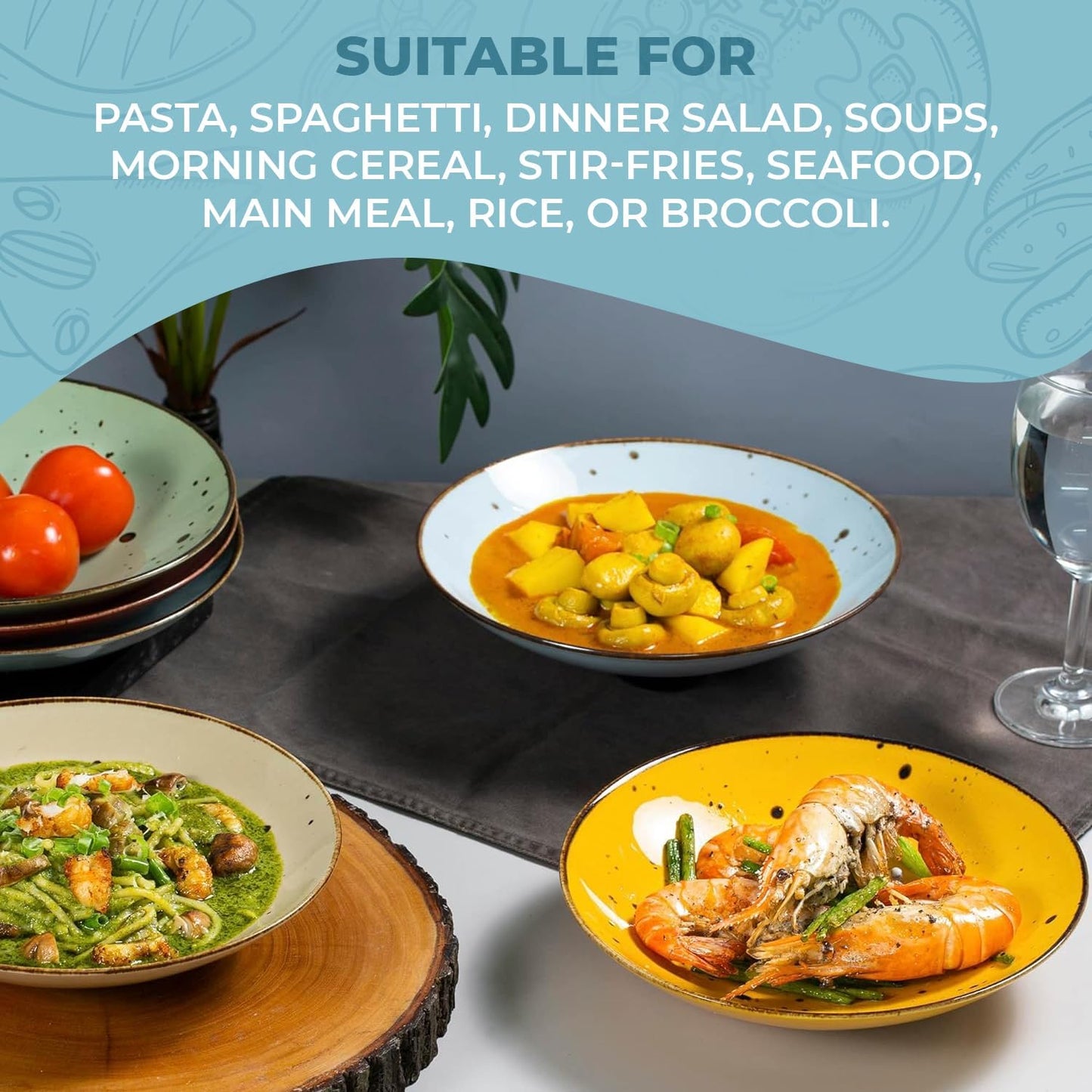 Esfour Ceramic 7.84 Inch Serving Bowls - Set of 6 | 20 Oz Large Pasta Salad Bowls, Microwave/Oven Safe, Wide Shallow Porcelain Bowls for Party, Dinner, Entertaining, Stackable - Vivid Assorted Colors