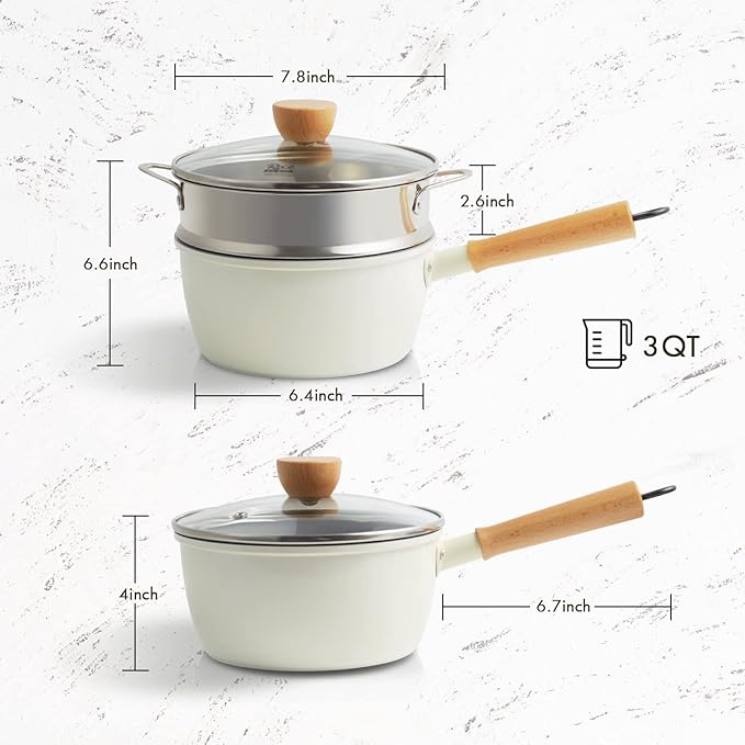 ROCKURWOK Ceramic Nonstick Sauce Pan, 3 QT Pot with Steamer, Non Toxic & PFAS-Free, Wooden Handle for Cool Touch, Universal Base(Gas, Electric & Induction), White