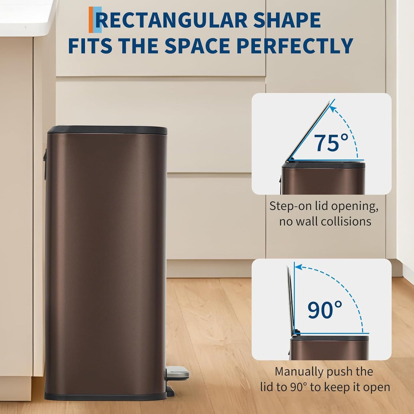 Small Trash Can for Kitchen, 3.2 Gallon Stainless Steel Garbage Can with Soft-Close Lid, Rectangular Trash Can with Step-On Pedal and Inner Bucket for Home Office Bathroom Living Room, Brown