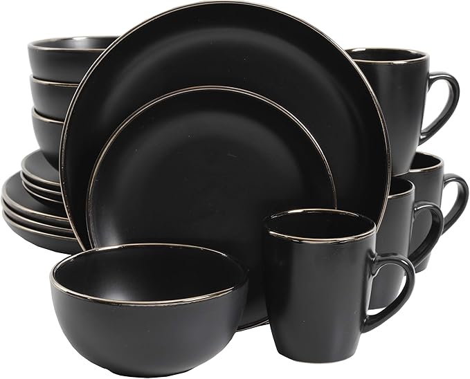 Gibson Home Rockaway Round Stoneware Dinnerware Set, Service for 4 (16pcs), Black/Gold Rim