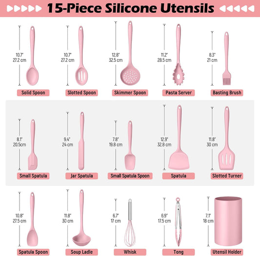 Homikit 15-Piece Kitchen Utensil Set, Silicone Cooking Utensils Spatula Set with Holder for Nonstick Cookware, Heat Resistant Kitchen Tools Gadgets for Cooking and Baking-Pink