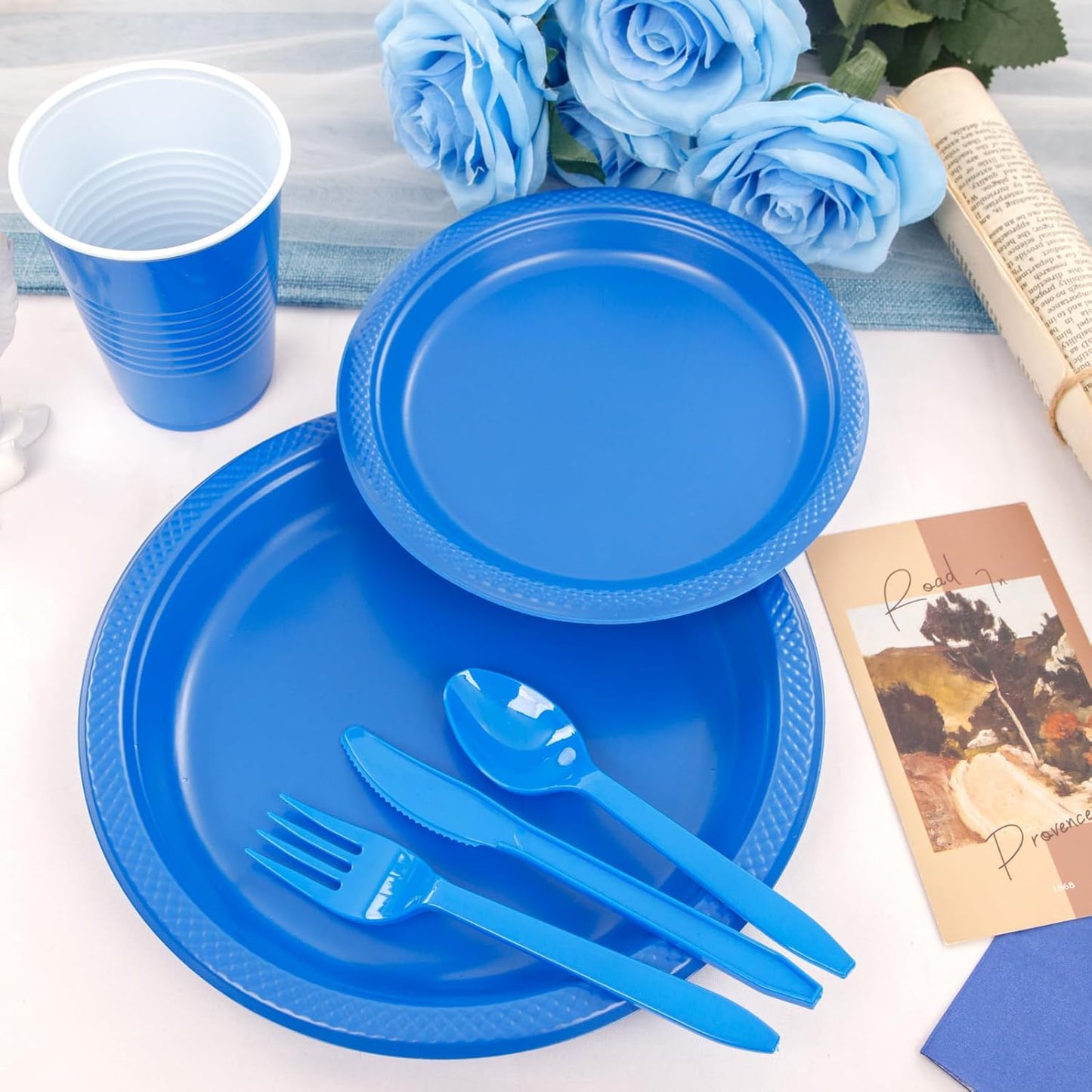 WELLIFE 210 Pcs Blue Party Supplies, Plastic Dinnerware Set, Including Blue Plastic Plates and Napkins, Disposable Cutlery and 12OZ Cups, Serve 30 Guests for Party