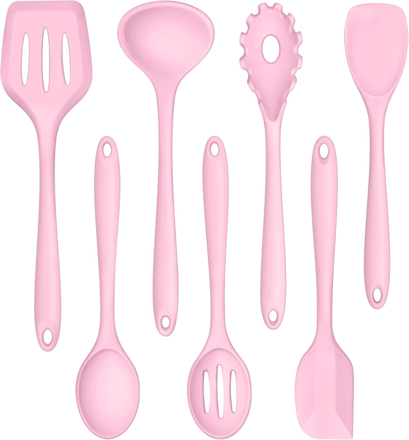 TeamFar Silicone Cooking Utensil Set of 7, Kitchen Nonstick Tools Turner Spoon Spatula Ladle Pasta Server for Nonstick Cookware, Healthy & One-Piece, Anti-Heat & Dishwasher Safe - Pink