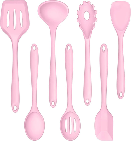 TeamFar Silicone Cooking Utensil Set of 7, Kitchen Nonstick Tools Turner Spoon Spatula Ladle Pasta Server for Nonstick Cookware, Healthy & One-Piece, Anti-Heat & Dishwasher Safe - Pink