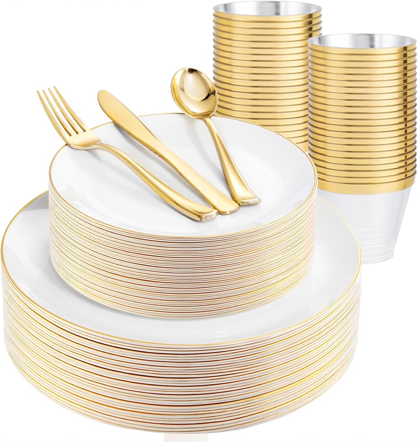 WDF 150Pcs White and Gold Plastic Plates - Gold Plates Disposable - 25guest Disposable Dinnerware Include 25 Dinner Plate, 25 Dessert Plate, 25 Cutlery & 25 9oz Cups for Wedding & Thanksgiving Party